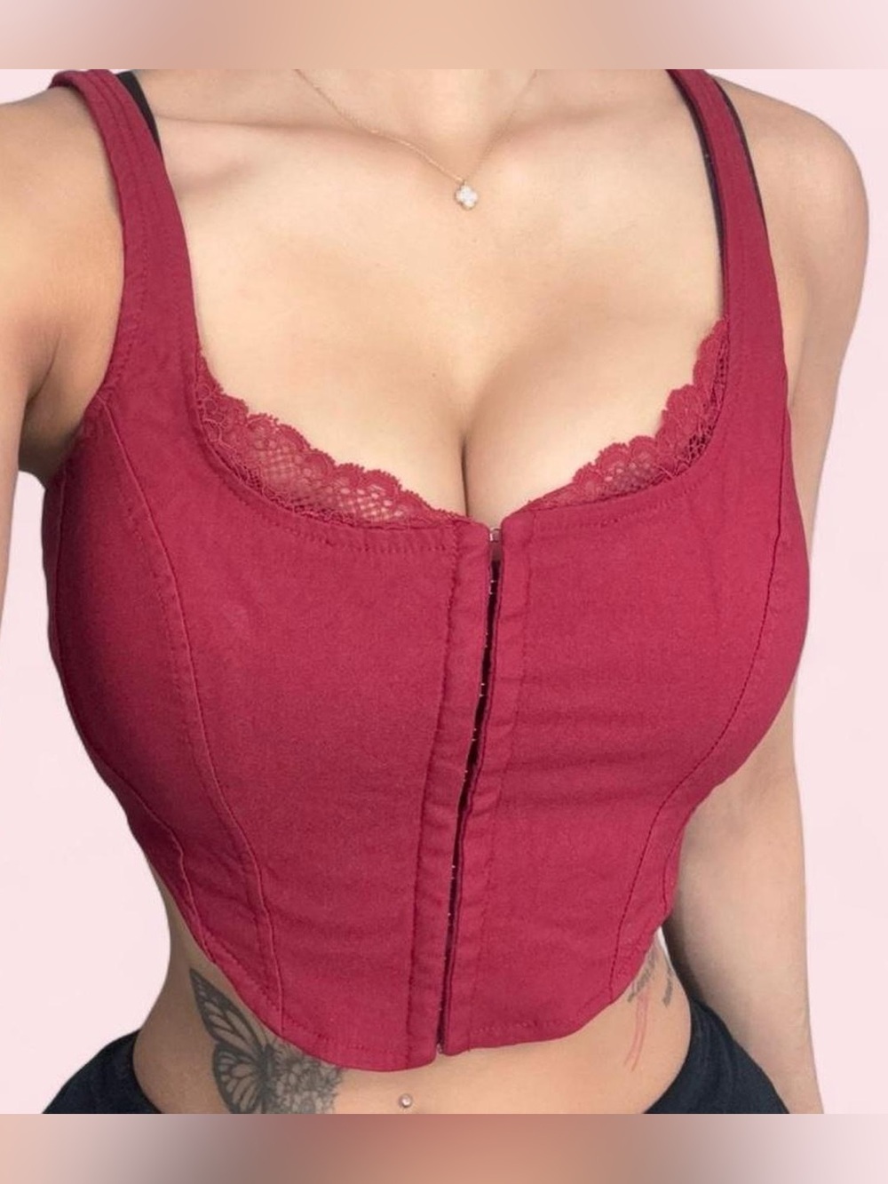 Garage Burgundy Lace Trim Hook and Eye Corset Top With Adjustable Straps